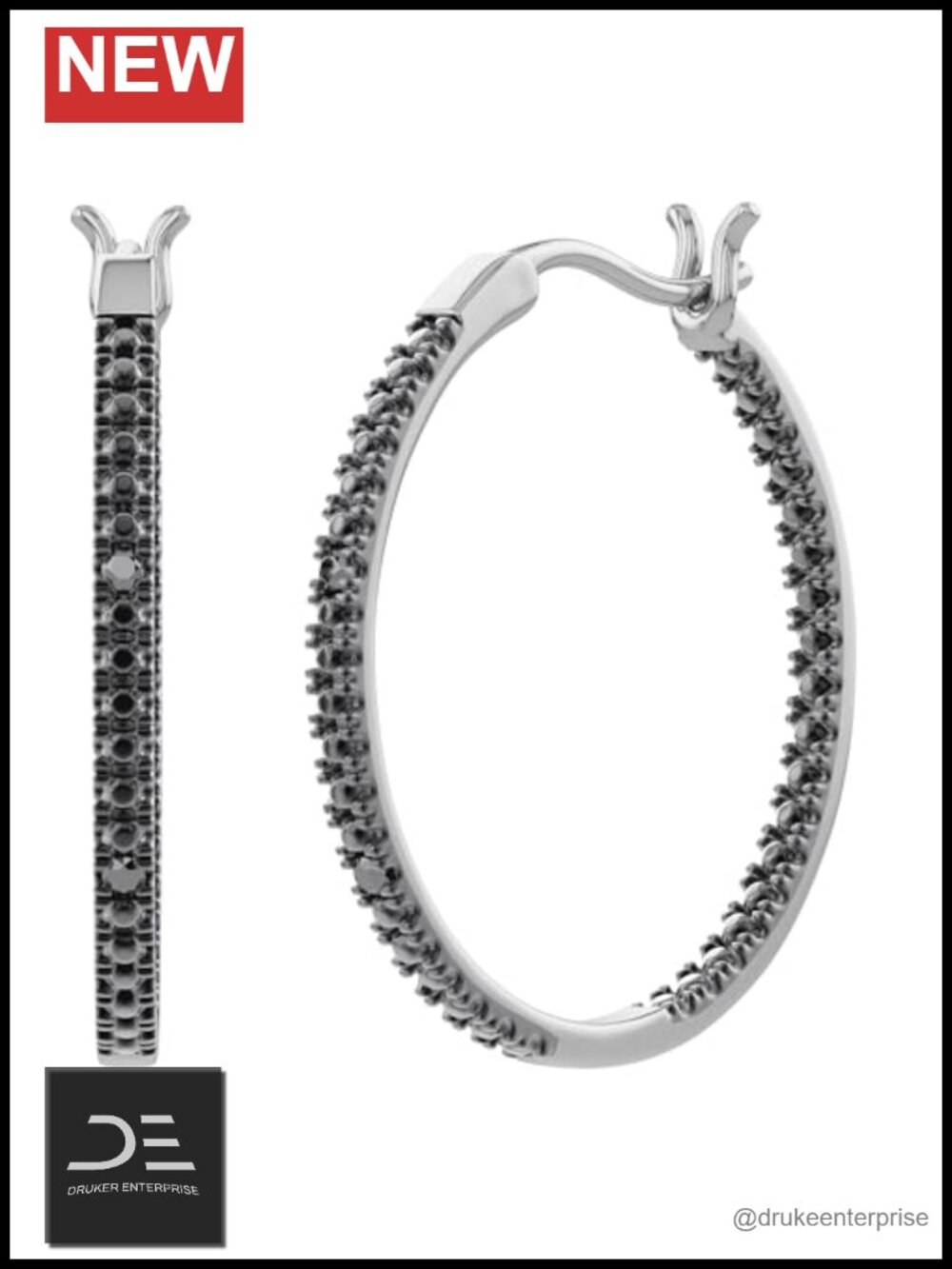 14K White Gold Plated 925 Sterling Silver Black Diamond Hoop Earrings with